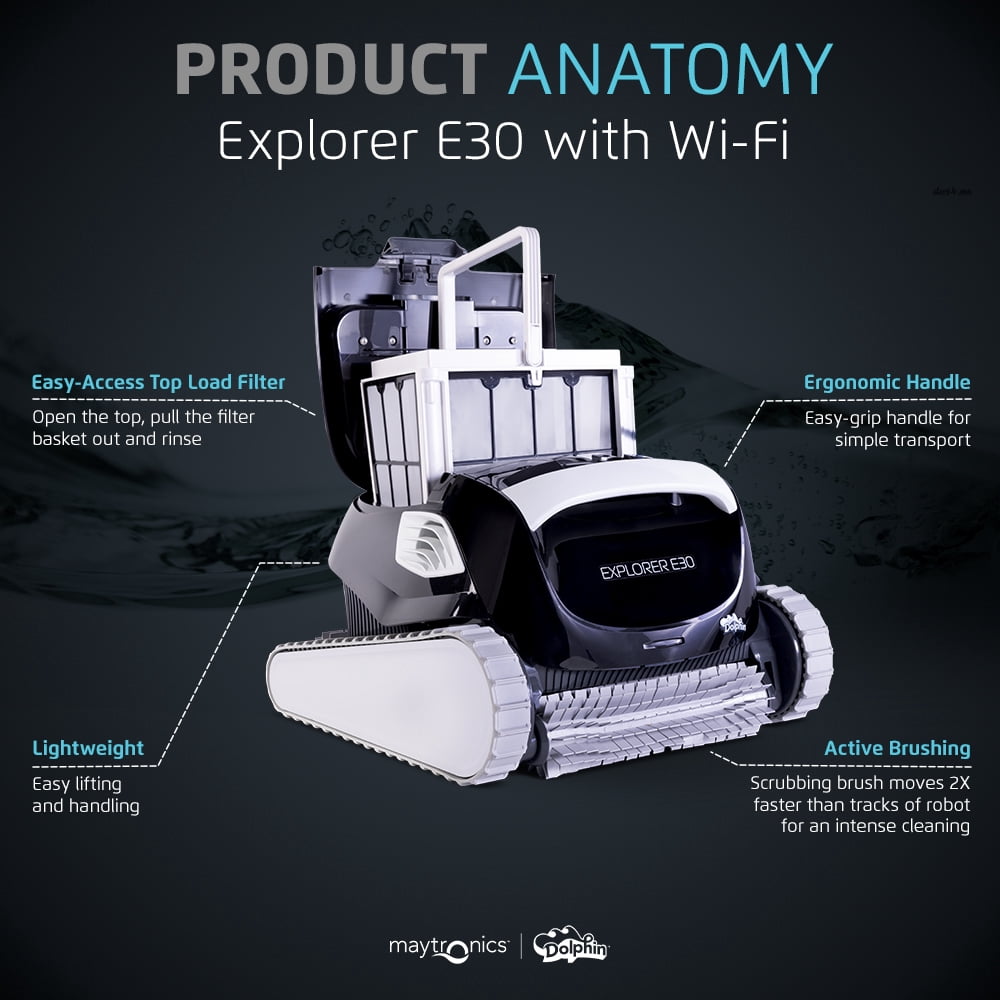 Dolphin (2026 Model) Explorer E30 Wi-Fi Robotic Pool Vacuum Cleaner Pools up to 50 FTin Length - Waterline Scrubber Brush