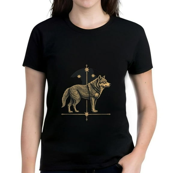 Stylish Women's Cotton Short Sleeve T-Shirt with Wolf Design and Star Pattern - Unique Astrological Graphic Tee