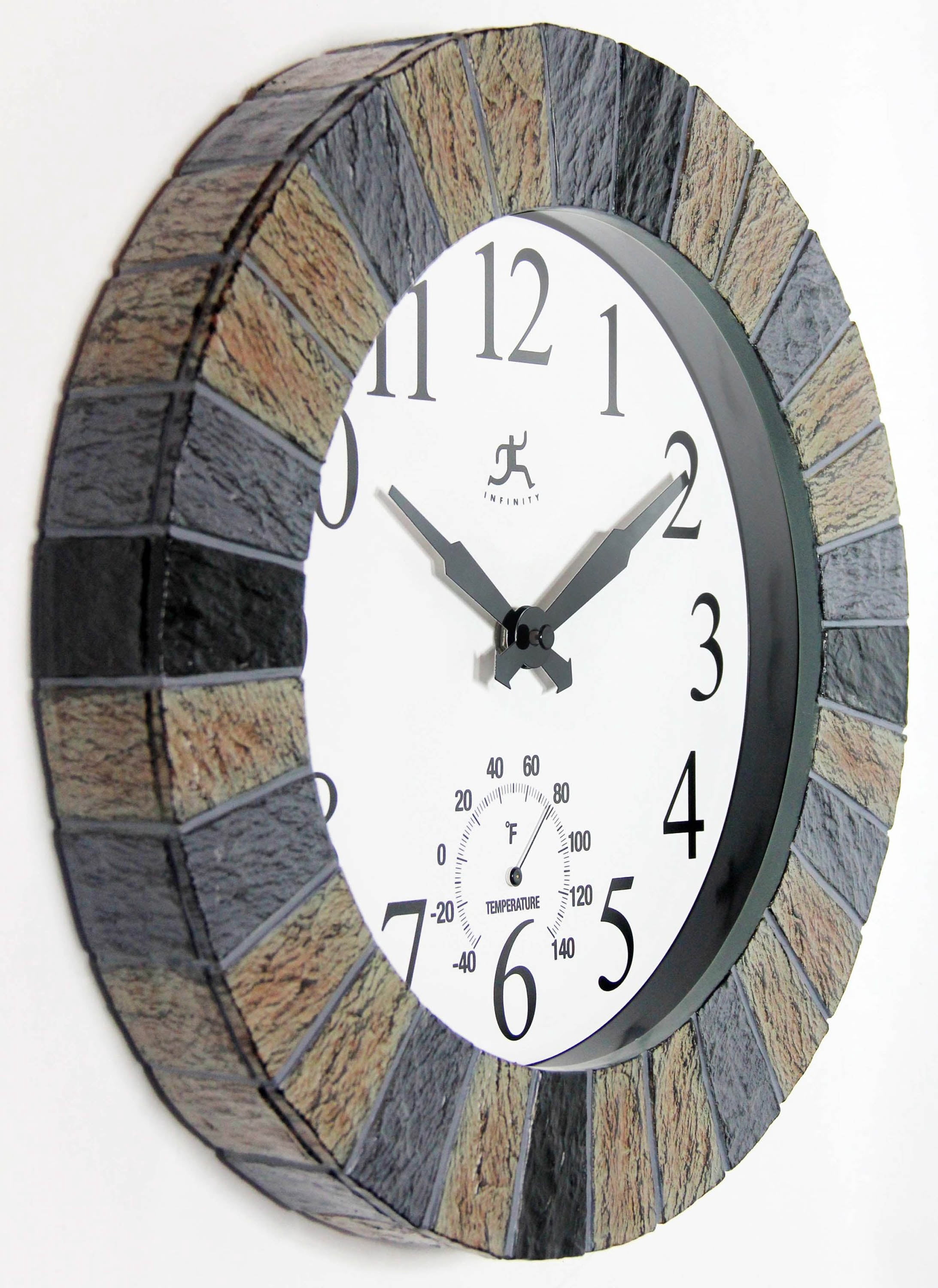Infinity Instruments 13-inch x 13-inch Indoor/Outdoor Faux Dark Slate Multicolor Wall Clock 2 with Thermometer