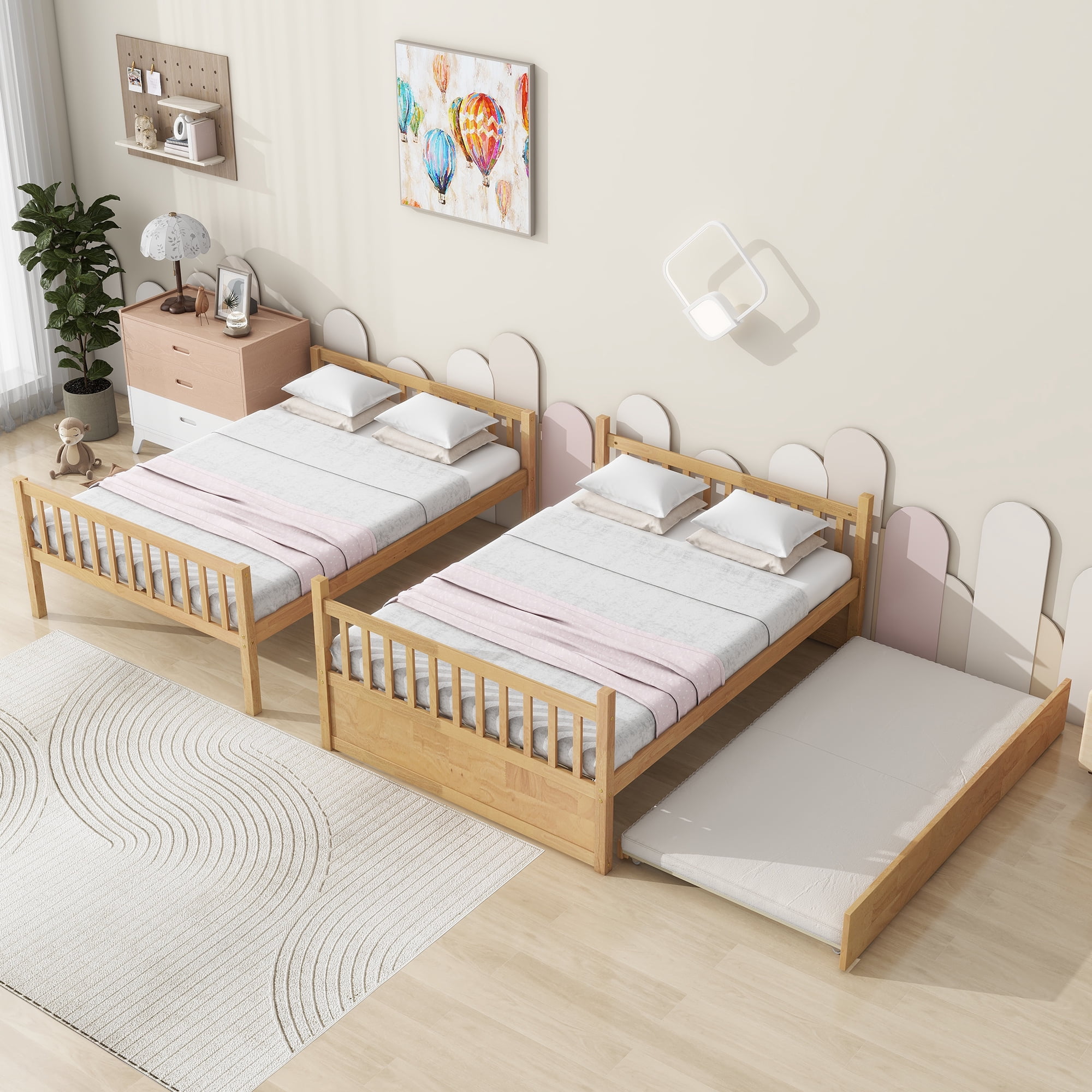 Alvantor Full Over Full Wood Bunk Bed Convertible with Trundle Ladder and Guardrail, Natural