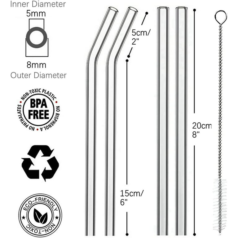 8 Pack Colored Reusable Glass Straws (8.5*8mm）Clear Smoothie Drinking  Straws with Cleaning Brush for Milkshakes Shakes Cocktail Tea Juice /  Dishwasher Safe 
