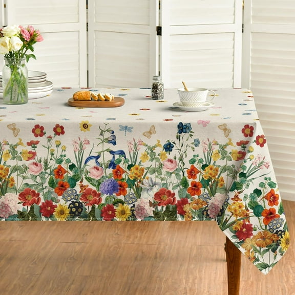 Spring Tablecloth 60×84 Inch Rectangular, Floral Flowers Watercolor Washable Table Cover for Party Picnic Dinner Decor