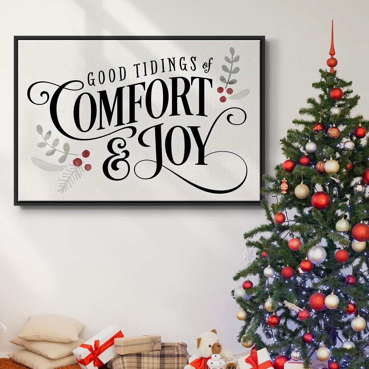Merry Sentiment I - Framed Gallery Wrapped Holiday Canvas - 27 x 41 - Black Frame