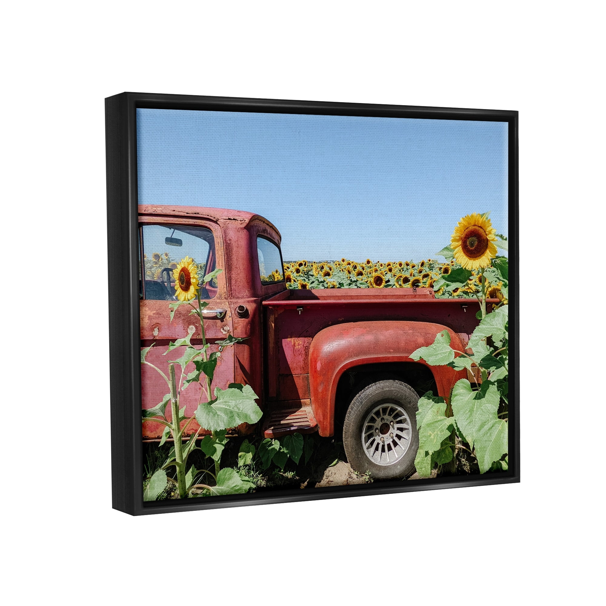 Stupell Industries Red Vintage Pickup Truck Amidst Sunflower Field Photograph Jet Black Floating Framed Canvas Print Wall Art, Design by Kali Wilson