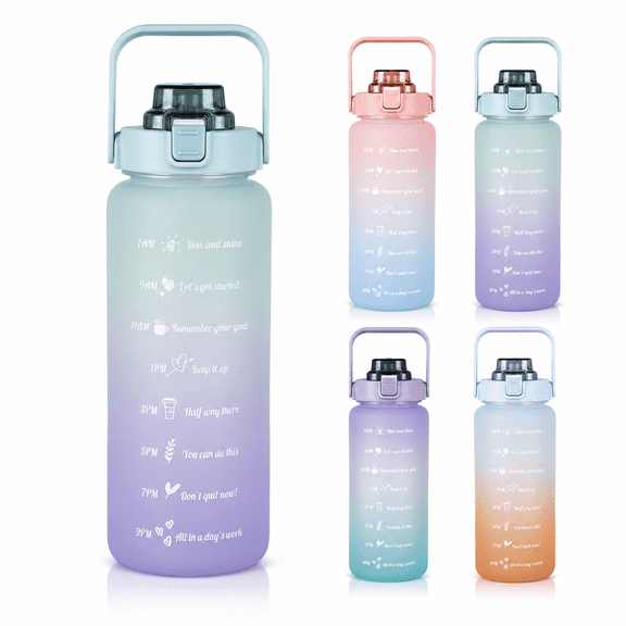 64OZ Half Gallon Water Bottle With Straw,Water Bottles with Time Marker/Handle,Leakproof BPA Free Reusable Water Jug Easy Carry for Adult and Kids Gym Sports Outdoors(Multicolor)