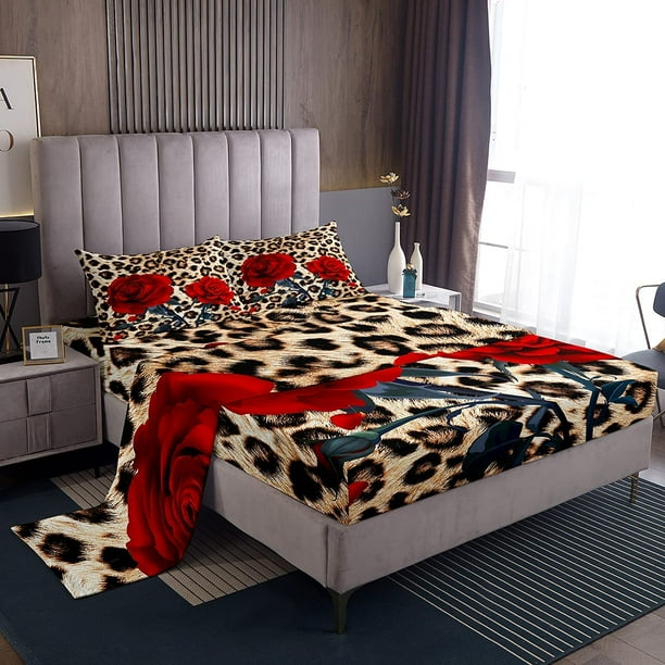 HHHC Kids Rose Flower Bed Sheets Girls Leopard Print Sheet Set 4 Pcs Full Size Red Floral Petal Fitted Sheets Deep Pocket Cheetah Skin Flat Sheet 2 Pillow Shams Exotic Bedroom