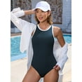 thumbnail image 3 of Asoul One Piece Ribbed Swimsuits for Womens High Neck Swimwears Color Blocked Zipper Bath Suits, 3 of 7
