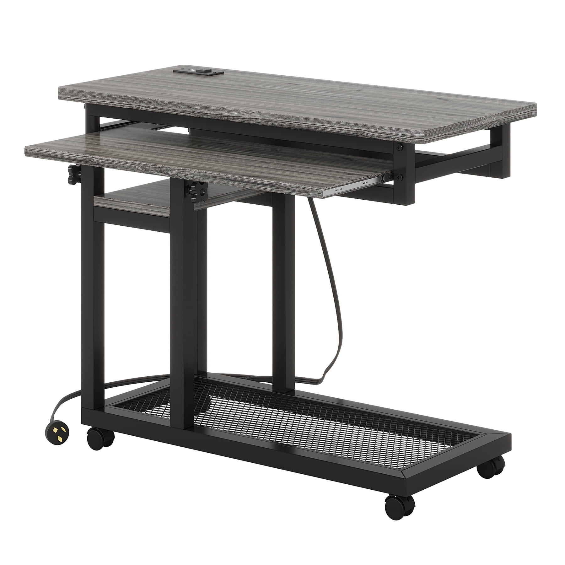 Fnova Small Portable Desk with Charging Station, Height Adjustable Mobile Desk with 4 Wheels, USB Ports & Power Outlet, Rolling Computer Cart, C Side Table for Sofa Couch Bedside, Gray