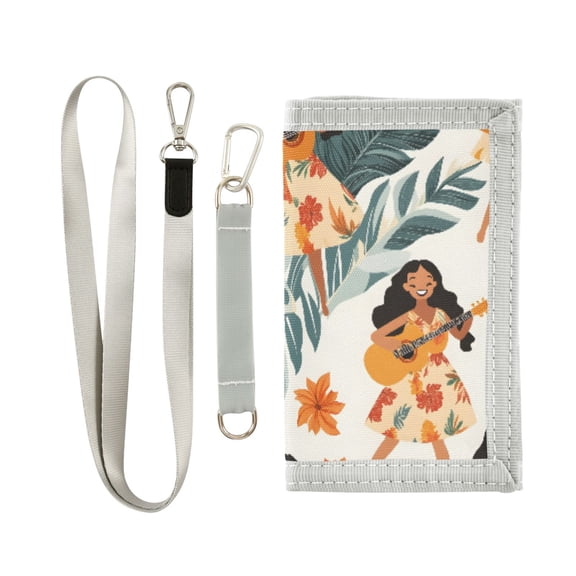 JIALIOU Nylon Trifold Card Wallet with ID Window Zipper Pocket for Men Women Teen Girl Play Guitar Tropical Leaf