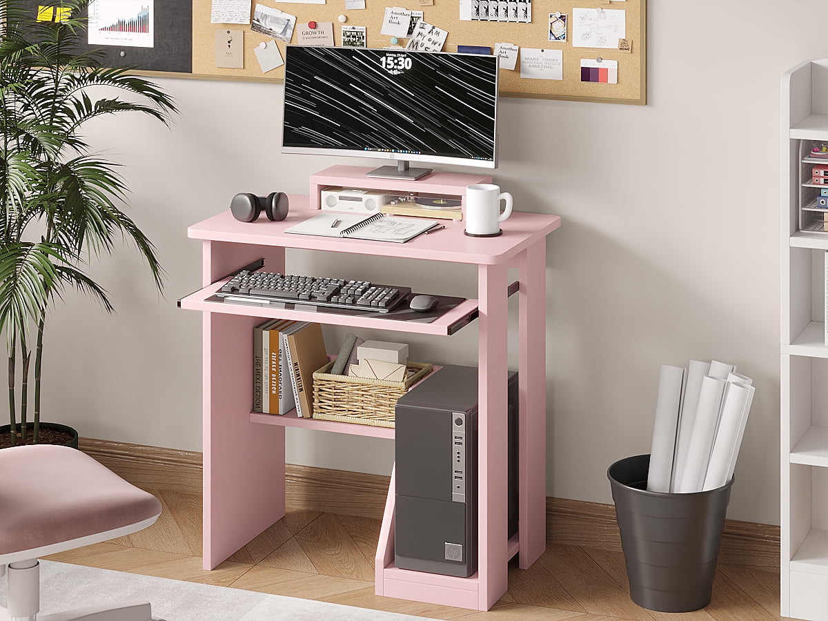 Zenira 29in Computer Desk with Monitor Stand and Keyboard Tray for Small Space, Wood PC Laptop for Bedroom, Writing Table with Shelves for Living room, Pink