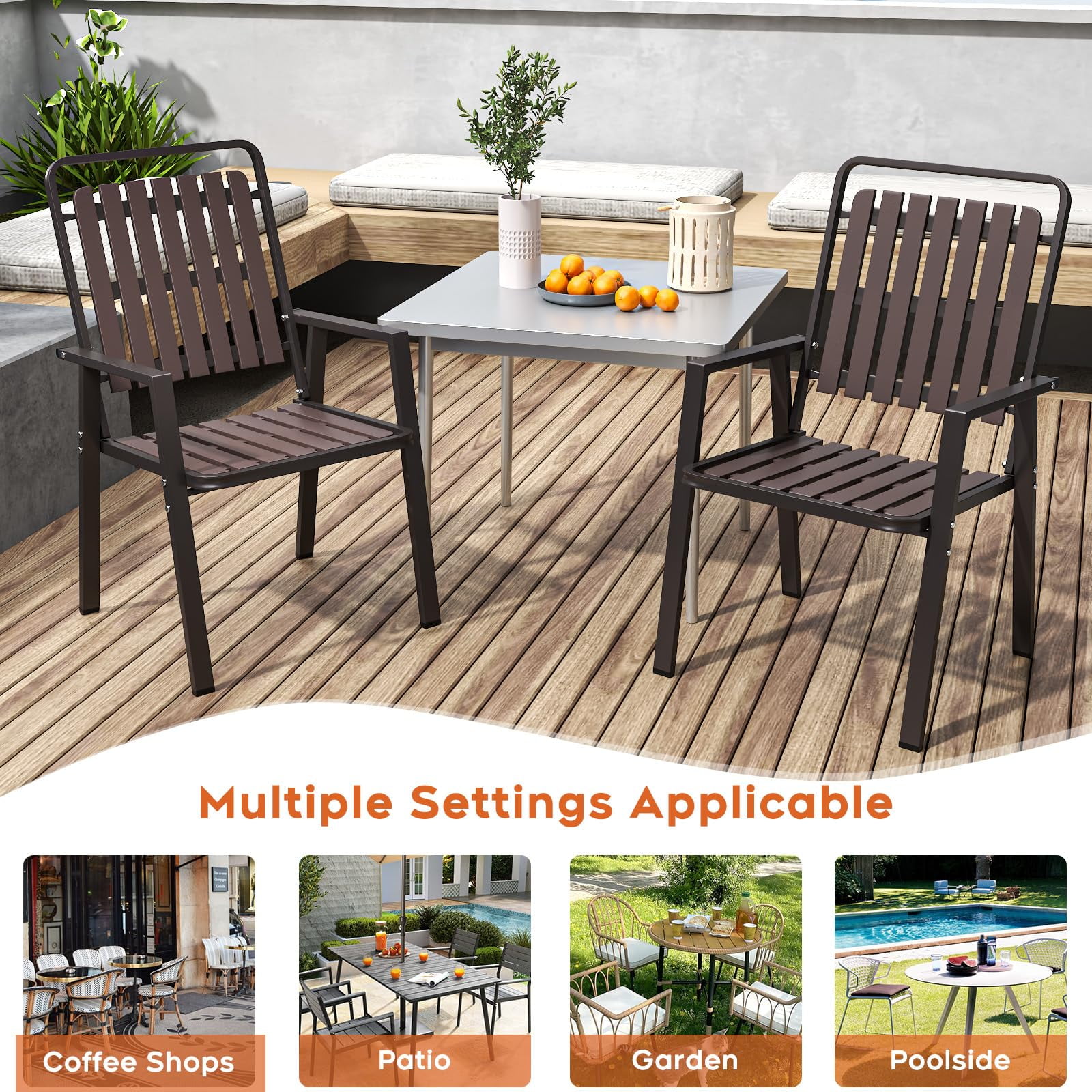 TQKVIPI Outdoor Patio Dining Chairs Set of 4, Outdoor Patio Chairs, Heavy Duty Metal Dining Chairs with Armrest for Balcony, Deck, Backyard, Lawn, Porch, Kitchen (Brown)