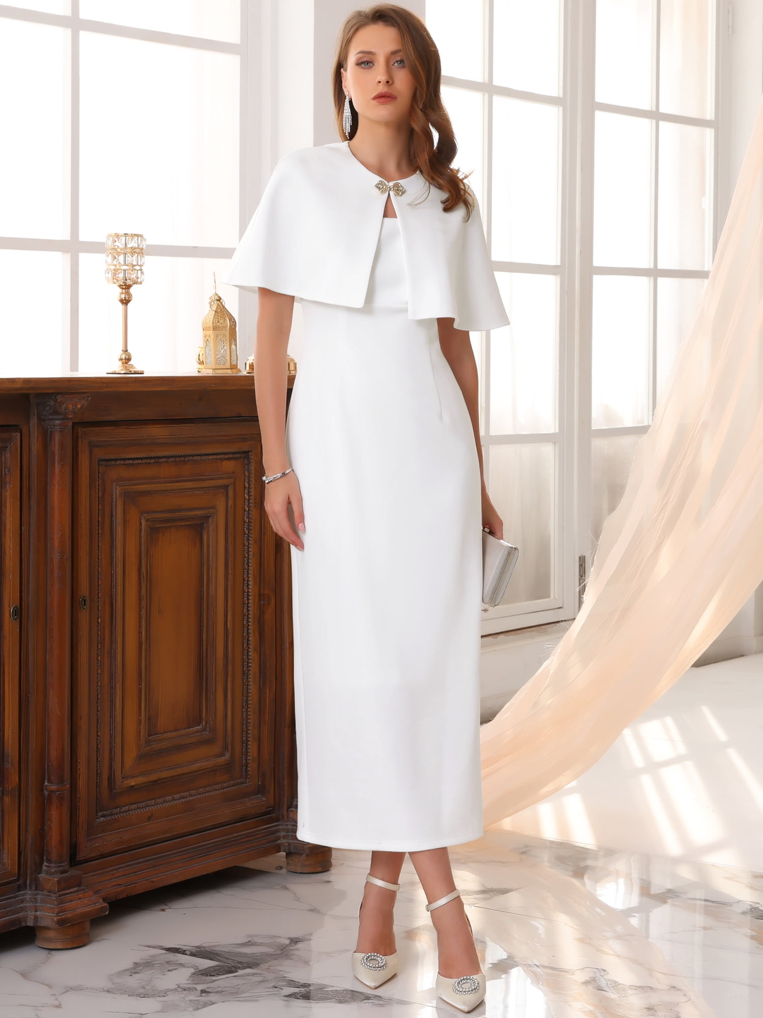 DARING DIVA Women's Cocktail Wedding Guest Dress with Cape L White