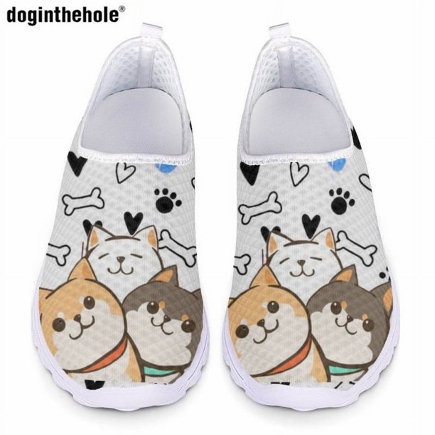Zapatos planos casuales Doginthehole para mujer, nuevos y bonitos zapatos de enfermera blancos con diseño de cachorro de dibujos animados, zapatos clásicos de malla transpirables sin cordones