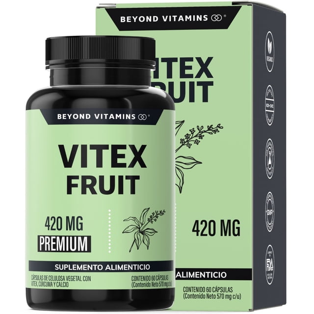 beyond vitamins | vitex fruit 420mg con raíz de cúrcuma capsulas (curcuminoides, curcumina) y calcio | vegano | vitaminas mujer / hombre - 1 cápsula al día, 2 meses de consumo Frasco y caja frontal: frasco negro con etiqueta verde claro 'VITEX FRUIT' y '420 MG', tapa negra roscada, ilustración lineal de planta; caja a juego detrás con iconos de certificación; suplemento vegano en cápsulas de celulosa vegetal, a menudo usado como complemento diario para rutinas de bienestar.