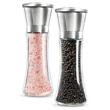 Premium Stainless Steel Salt and Pepper Grinder Set of 2- Brushed Stainless Steel Pepper Mill and Salt Mill, 6 Oz Glass Tall Body, 5 Grade Adjustable Ceramic Rotor- Salt and Pepper Shakers By (Best Pepper Mill Grinder)