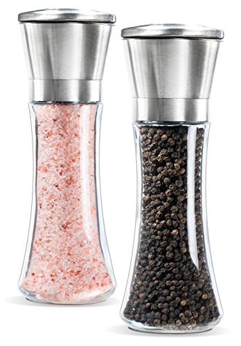with Stand Salt and Pepper Grinder Set Refillable Stainless Steel Salt and Pepper Mills with Stand Adjustable Coarseness 
