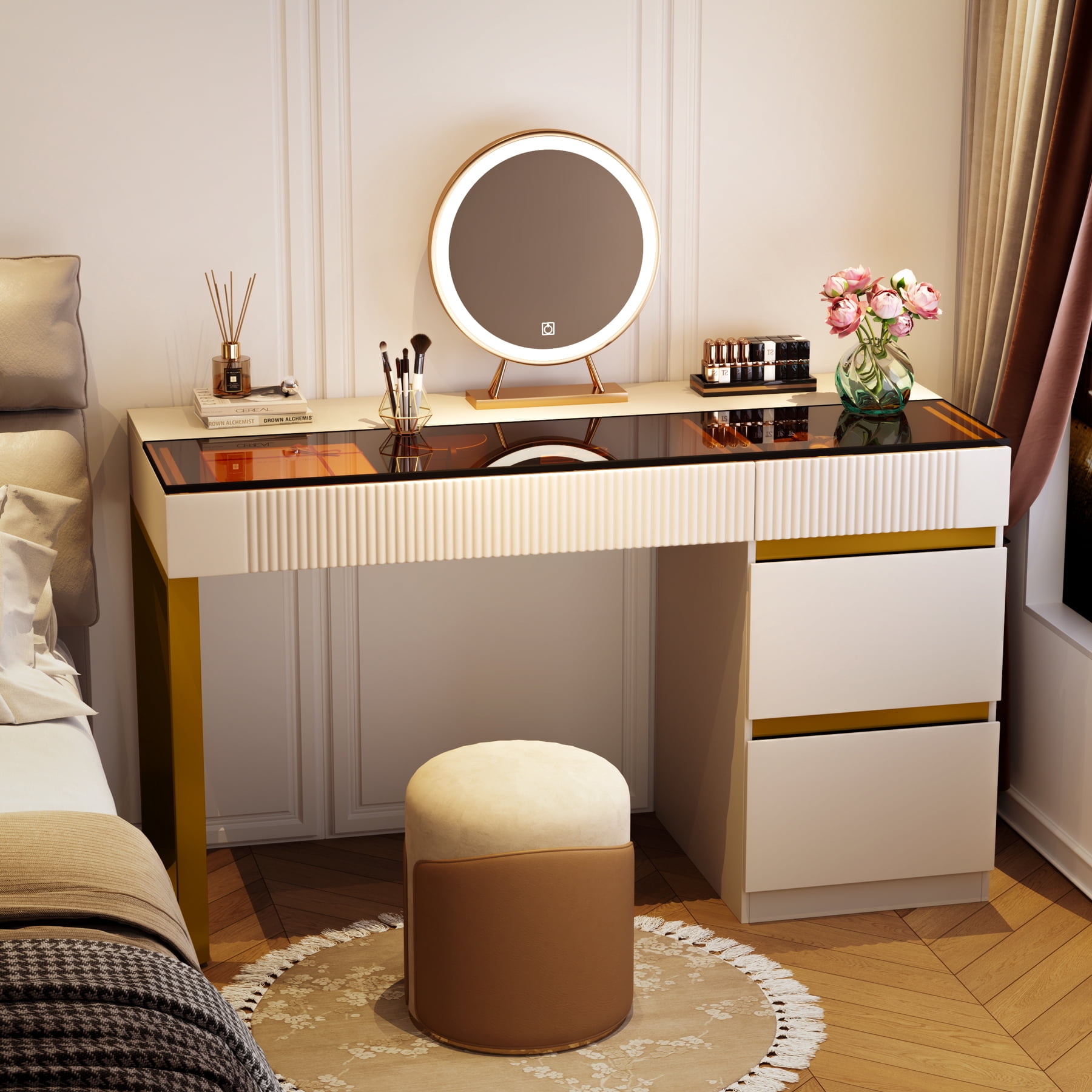 Tribesigns Modern Writing Desk Computer Desk with 4 Drawers, Makeup Vanity Desk with Visual Glass Top for Home Office
