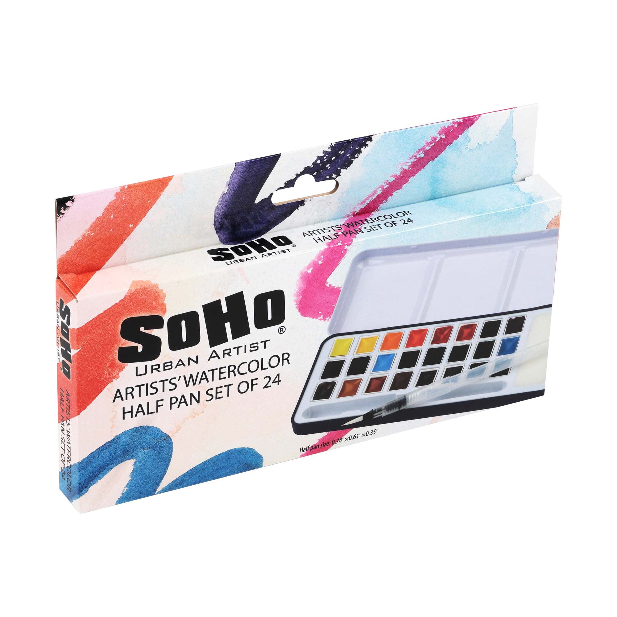 SoHo Urban Artist Semi-Moist Watercolor Set - Professional Watercolor Paint Set with 24 Half Pans, Brush Pen and Sponge - Compact and Portable Watercolor Kit - Easy to Lift Colors