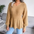thumbnail image 3 of Women Autumn Winter Knitted Sweater, Lantern Sleeve Tight Waist Sweater Hem Ruffle  For Home ANGGREK Caqui M, 3 of 7