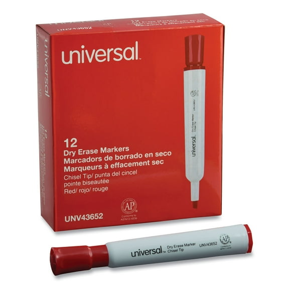 Universal Dry Erase Marker, Chisel Tip, Red, Dozen -UNV43652, Non Washable Ink