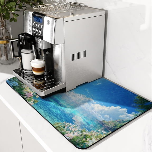 SPXUBZ Ocean Landscape Coffee Mat for Coffee Bar, Super Absorbent Coffee Machine Mat, Kitchen Counter Drying Mat, Non Slip Countertop Protector, Quick Dry Dish Drying Pad for Coffee Maker