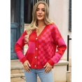 thumbnail image 6 of Womens Color Block Plaid Button Down Cardigan Long Sleeve Cable Knit Checkered Sweaters Tops Y2k Aesthetic Clothes Red M, 6 of 10