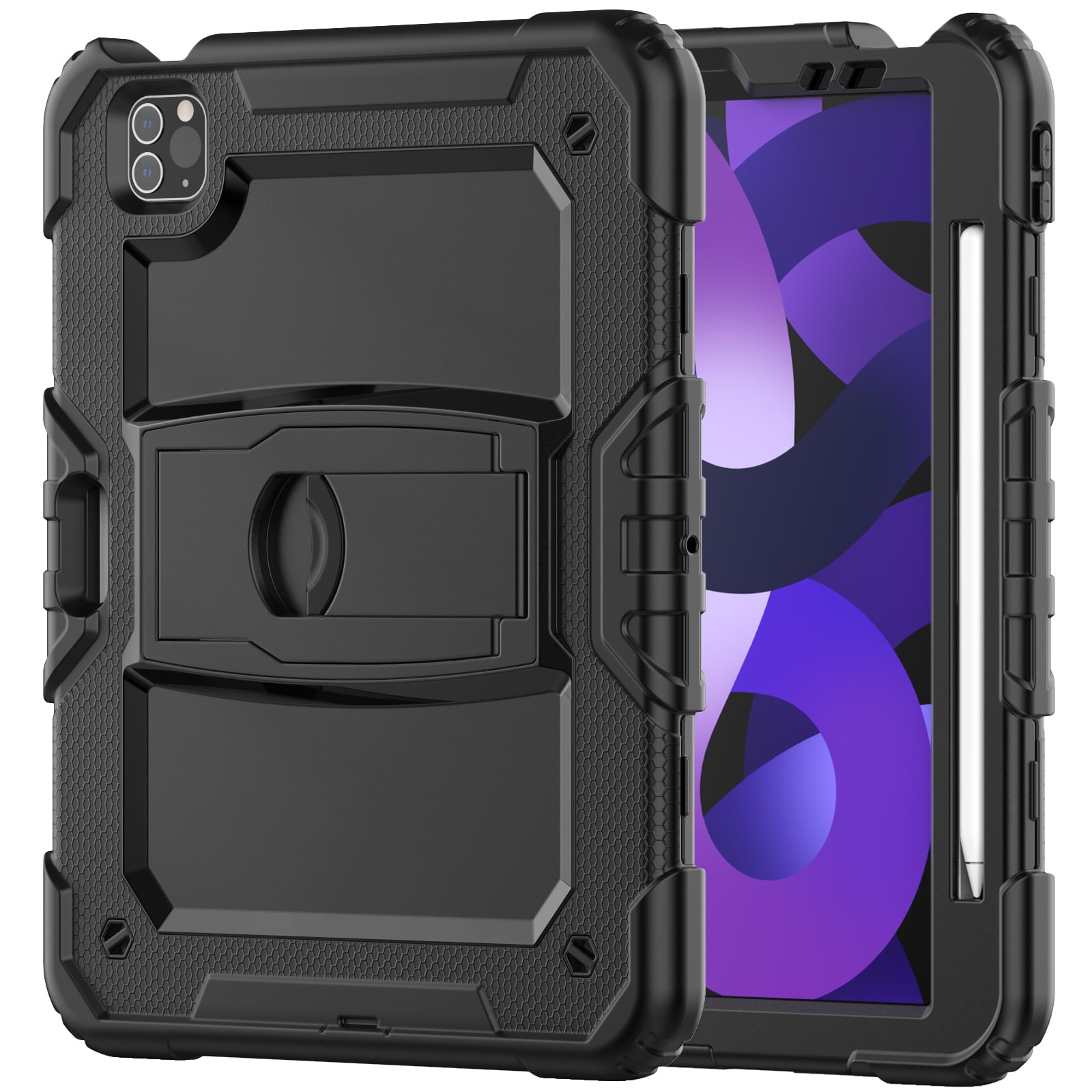 Allytech Shockproof Case for Apple iPad Pro 12.9 Inch 2022/2021/2020/2018(6th/5th/4th/3rd Gen) with Pencil Holder, Rugged Kickstand Shoulder Strap Kids Case with Screen Protector,Black
