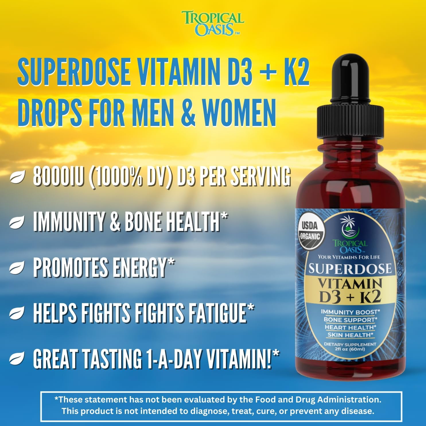 Tropical Oasis USDA Organic Superdose Vitamin D3 + K2 Drops for Adults, Liquid Vitamin Supplement for Immunity Boost, Bone Support, Heart & Skin Health, Tropical Fruit, 2 fl oz, 60 Servings