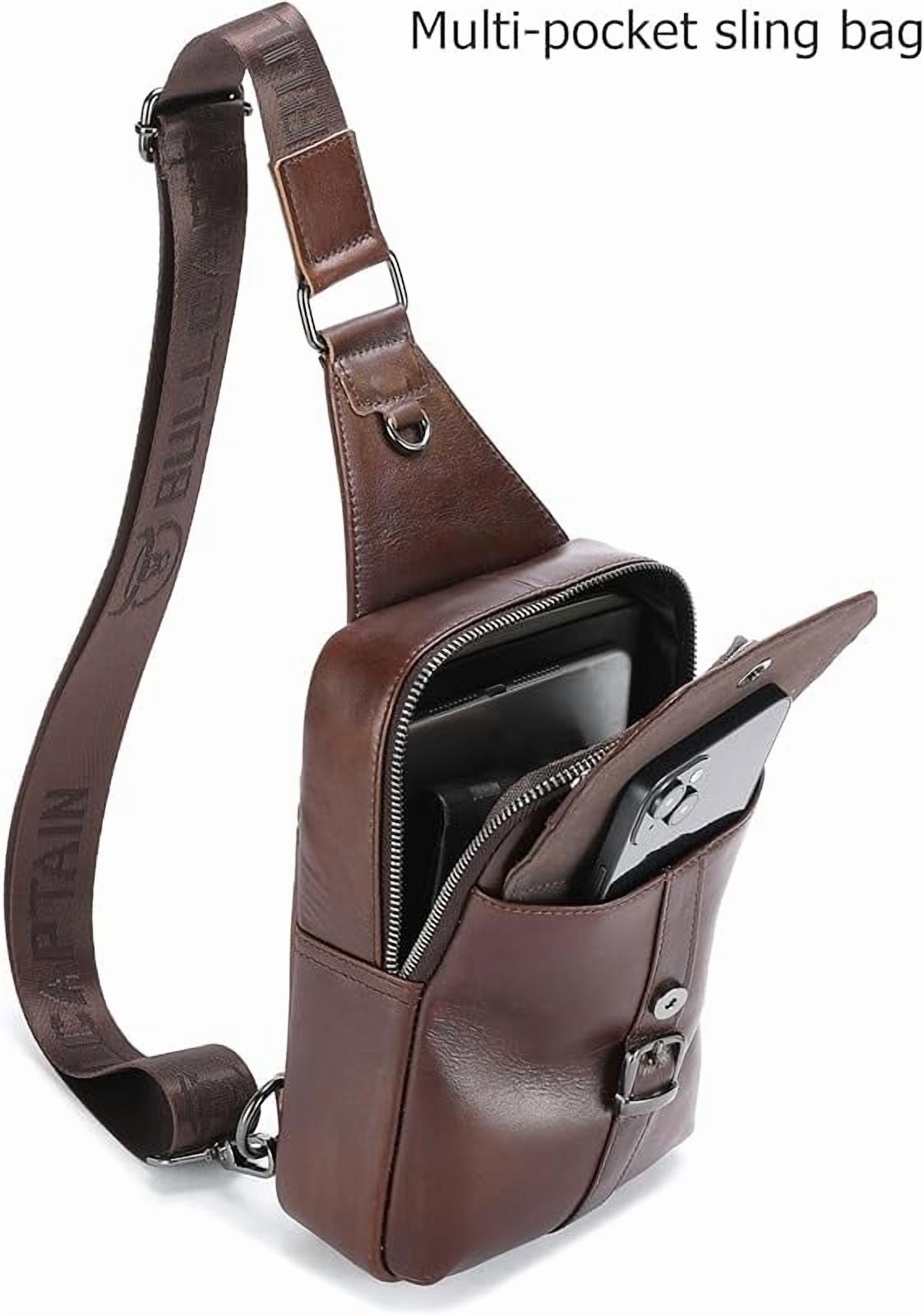 BULLCAPTAIN Men's Leather Samll Crossbody Backpack Sling Chest Bag for Hiking Travel