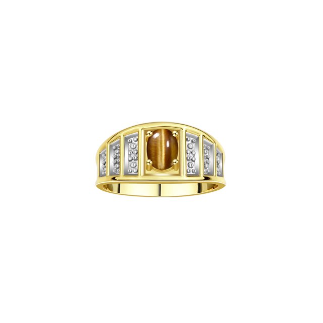 RYLOS Bagues pour Femmes Bague en Or Jaune 14K Style Classique Pierre Précieuse Ovale 7X5MM et Bague en Diamant Bijou Oeil de Tigre Taille 10