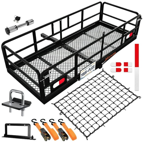 Mockins 60"x24"x14" High Rail Cargo Carrier Hitch Rack with 50"x36" Cargo Net, License Plate Holder, Hitch Lock and Stabilizer