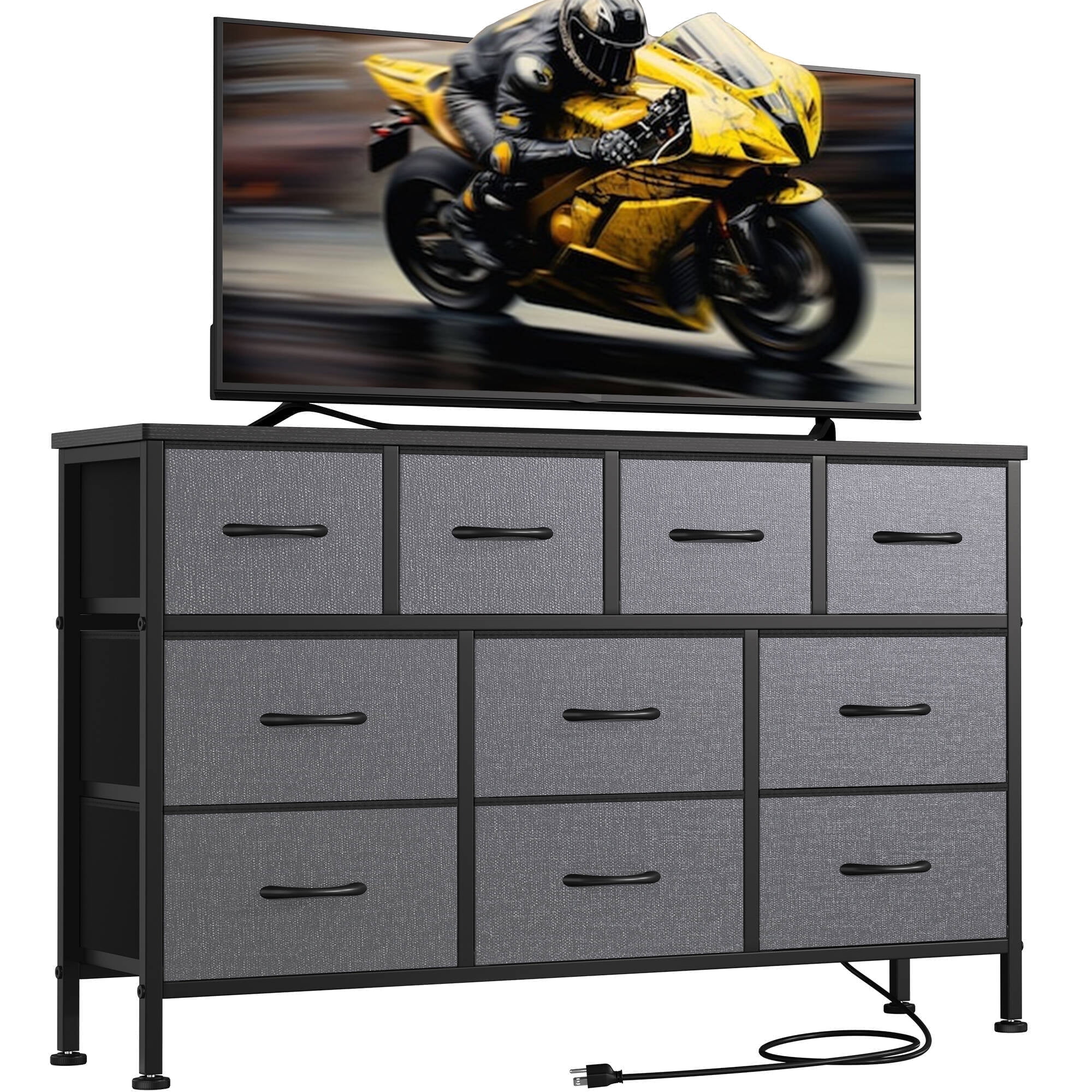 Laintene Dresser TV Stand with 10 Drawer, 50" TV Stand with Power Outlet, Fabric Dressers for Bedroom, Wooden Top for Storage, Chest of Drawers for Living Room, Hallway, Entryway, Gray