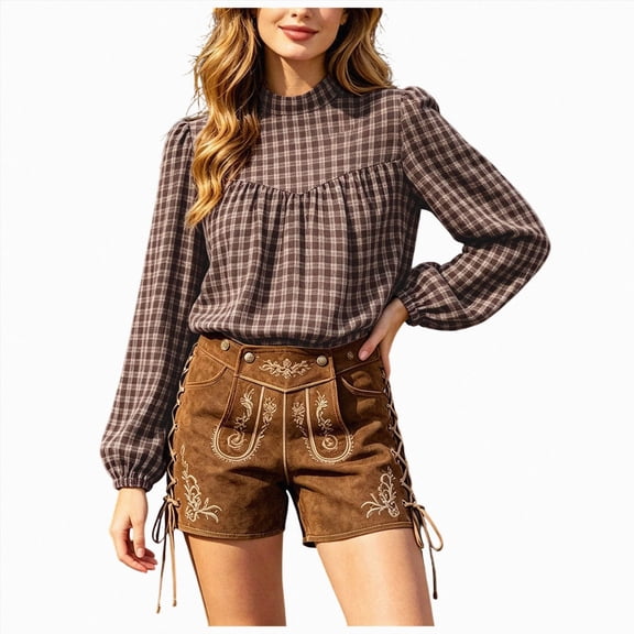 vigerkar Women's Puff Long Sleeve Flowy Gingham Tops | Neck Blouses,Going Out Tops,Bussiness Casual,Dressy,Plaid Shirts,2026 tops (Coffee, S)
