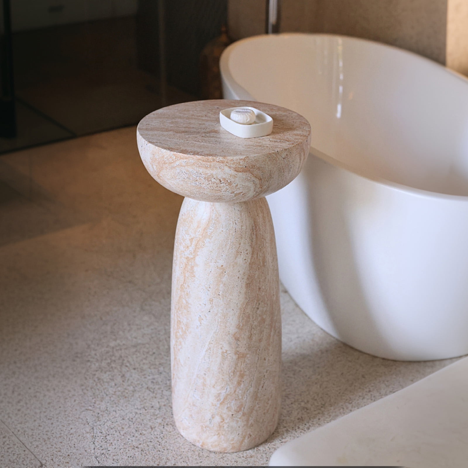 Side Table with Mushroom Shape and Natural Stone Grain, Waterproof Patio End Table and Accent Table for Balcony Yard Hallway, Beige White