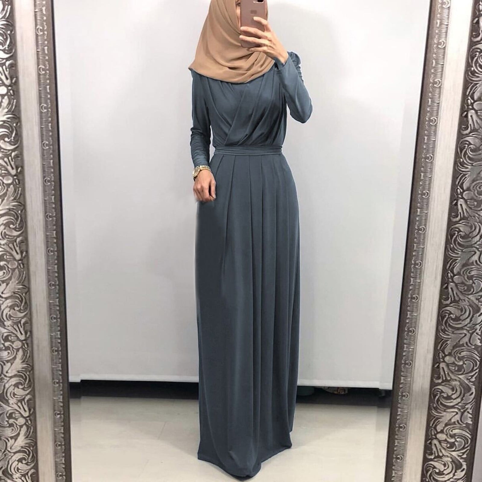 Women Muslim Abaya Kaftan Long Sleeve Crew Neck Blouson Casual Maxi Shirt Dress