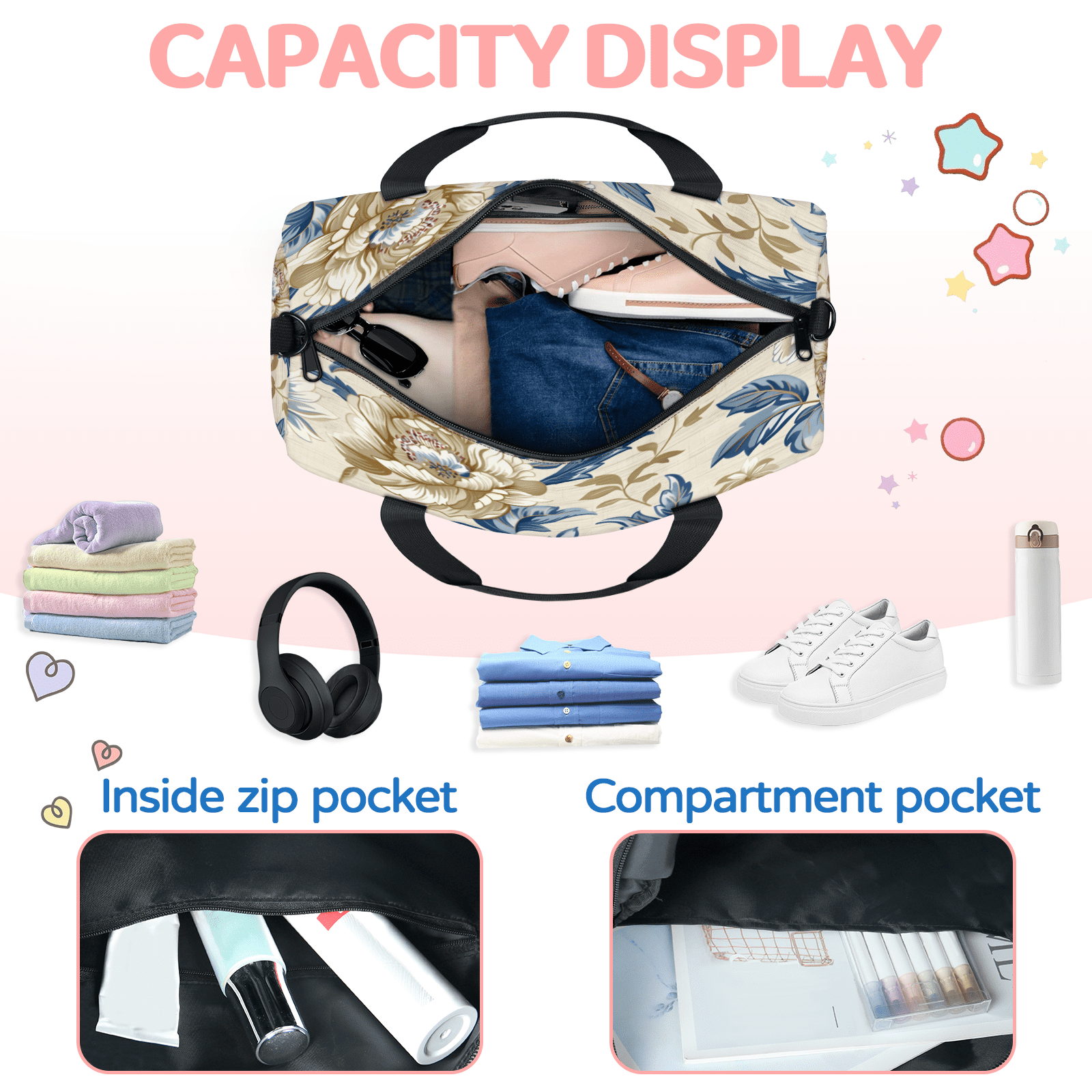 Herdesigns Flower Vintage Travel Duffle Bag Sports Yoga Weekender Overnight Carry on Workout Bags Lightweight Waterproof Gym Tote Bag for Women