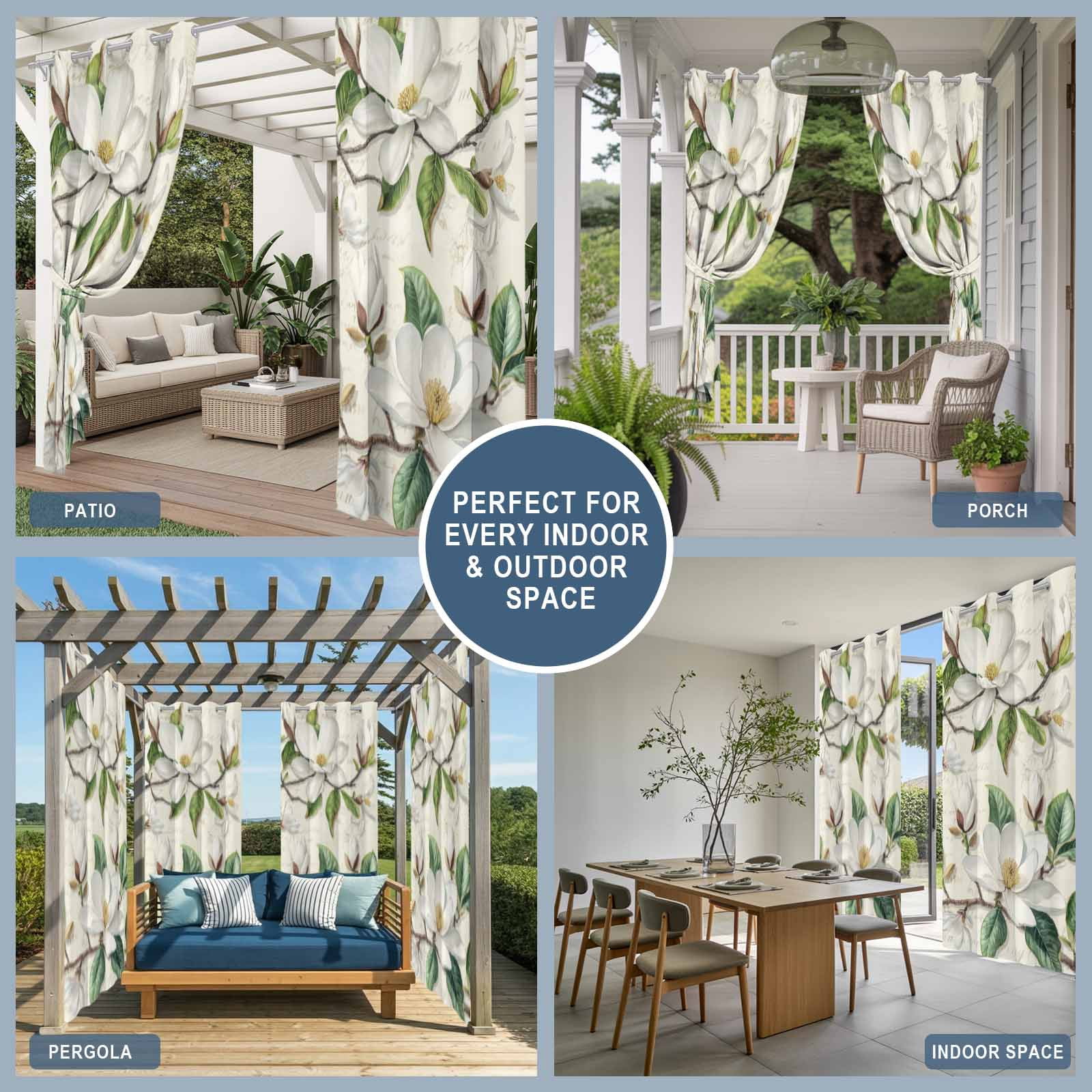 Outdoor Curtains for Patio Waterproof, Retro Flowers Windproof Pravicy Outside Porch Blackout Curtain, Farmhouse Leaf Branch Green Plants Sun Blocking Grommets Curtains for Cabana Gazebo 54"x108"
