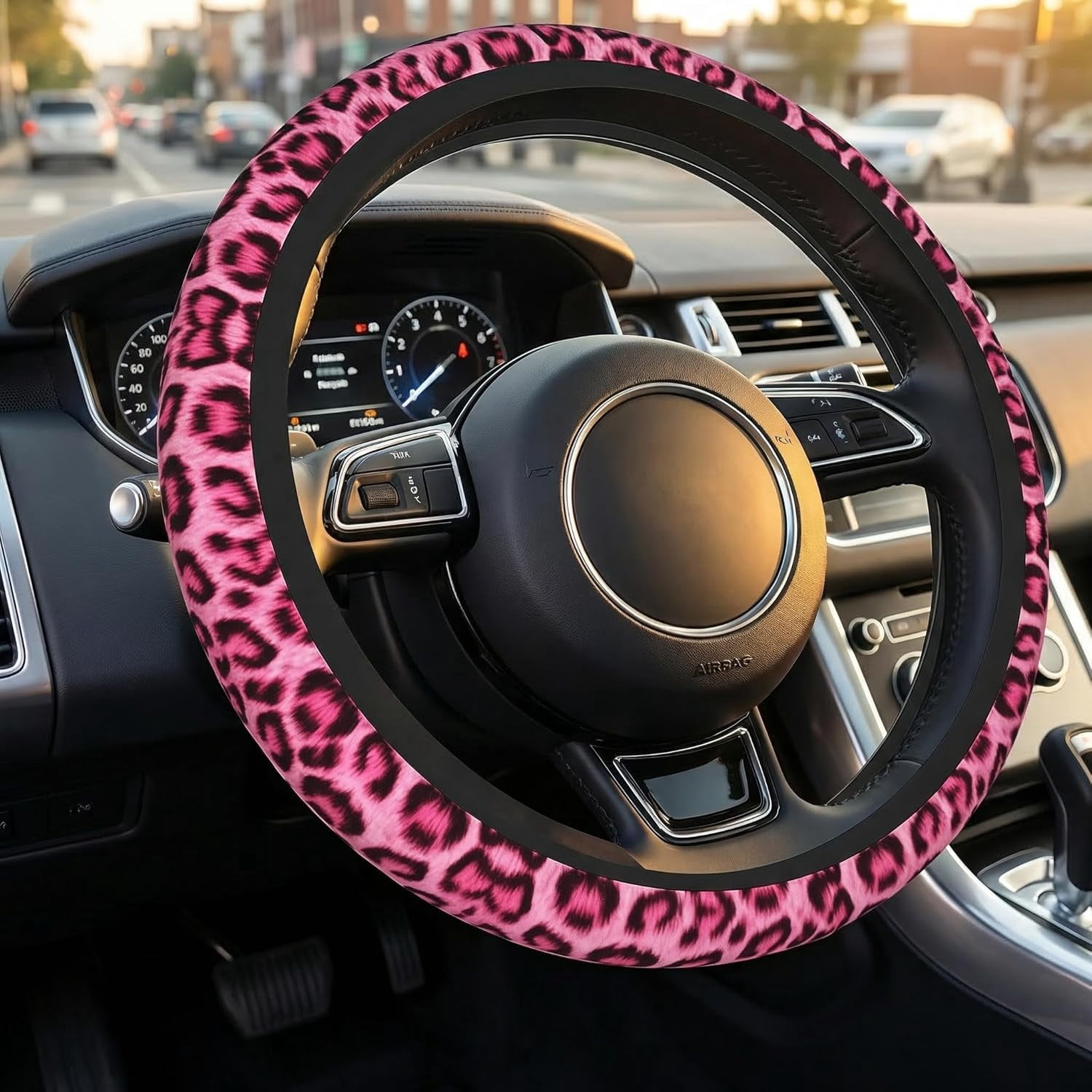 Leopard Print Pink Steering Wheel Cover Universal for 14-15 Inch Anti-Slip Breathable +2 Pieces Car Coasters, Cheetah Print hot Pink Car Wheel Cover for Women Men
