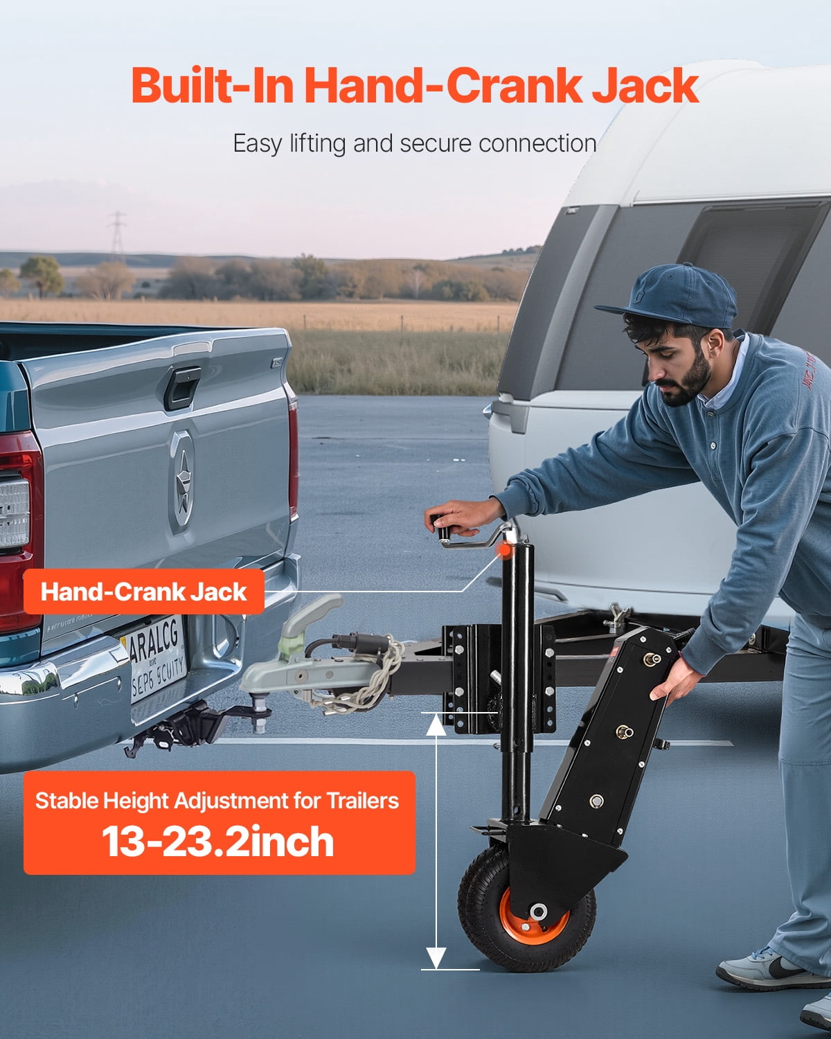 VEVOR Trailer Dolly, 500lbs Tongue Weight Capacity, 13 inch-23.2 inch Height Adjustable Trailer Mover Dolly, 9-inch Pneumatic Rubber Tire, Manual or Electric Wrench Drive, for Moving RV Trailer