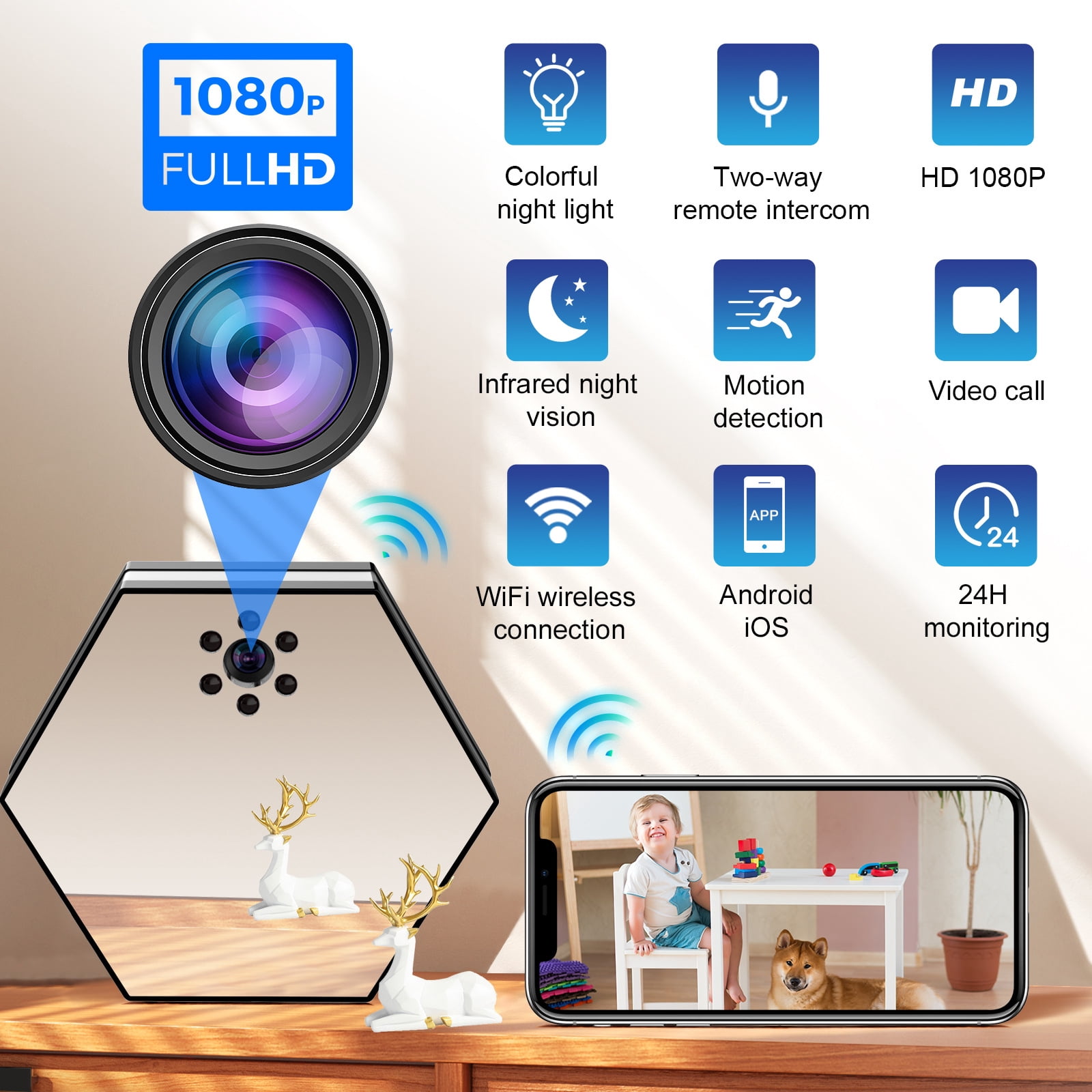 Wireless Security Camera, 1080P HD Monitor Pet Camera with Clock Display and Color Light, Night Vision Motion Detection, WiFi Smart Surveillance Camera for Home,Family,Baby,Pet Monitoring