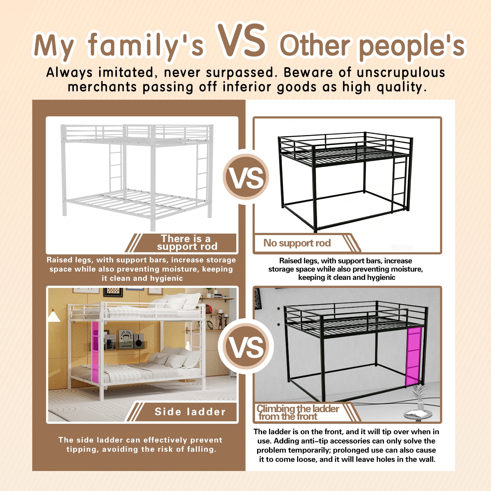 Leumius Queen over Queen Metal Bunk Bed,Heavy-Duty Steel Frame with Ladder & Safety Guardrails for Adults,White