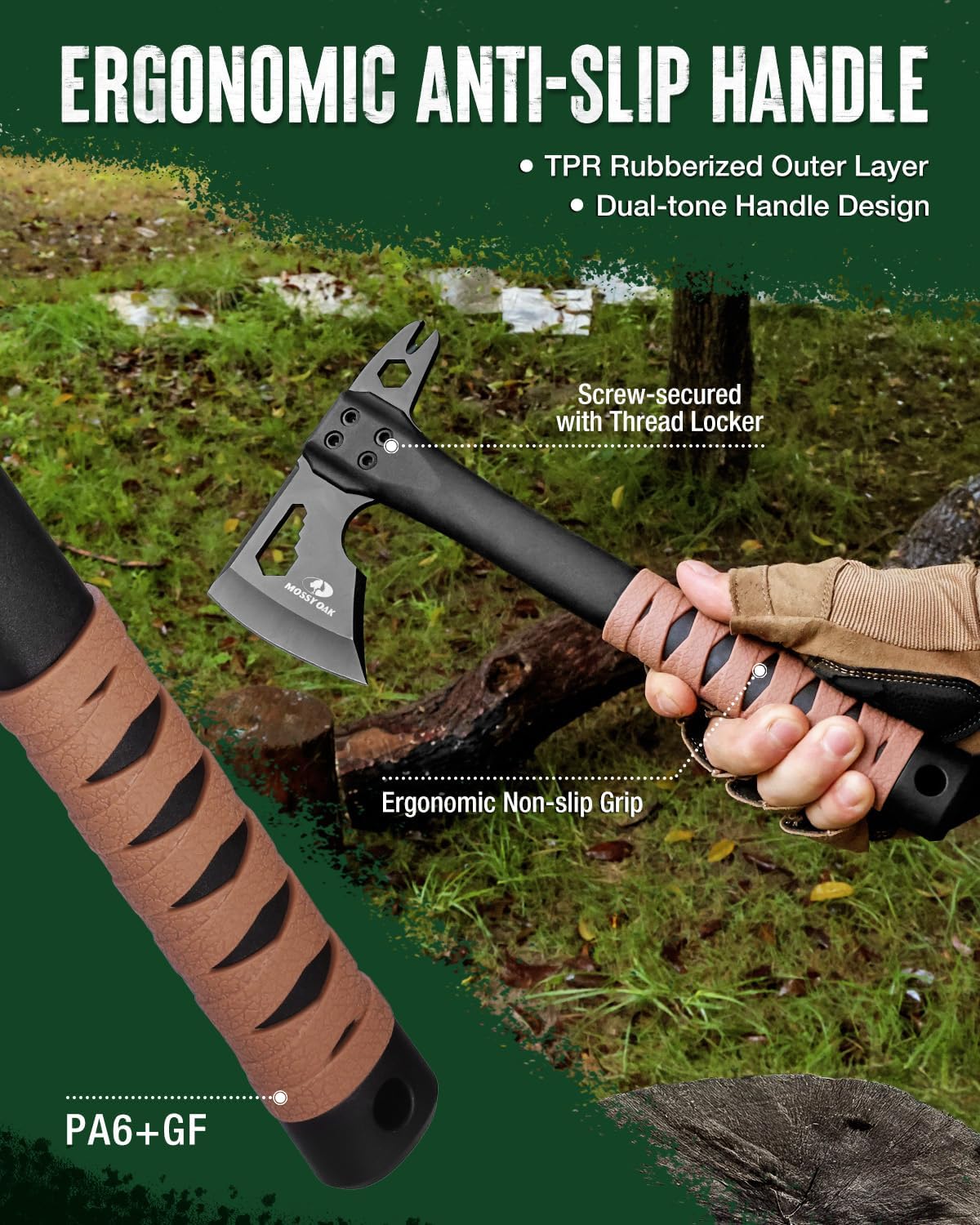 12" Camping Axe and Survival Hatchet with Sheath, Com Outdoor Multitool Hex Wrench Slots, Non-Slip Dual-Color Handle, Small Gear for Hiking, Chopping, Hunting