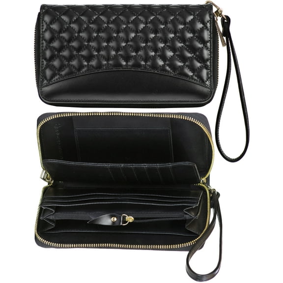 Women's Genuine Leather Wallet Wristlet Strap Clutch with Scan Proof Walls for tap-to-pay contactless credit card ID RFID protection - checkered design in black