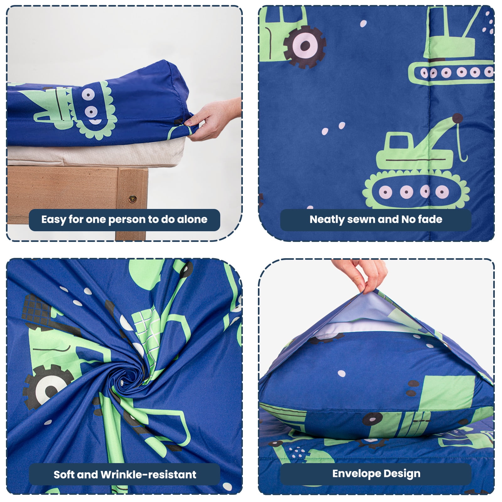 Beavtaens 4 Piece Toddler Bedding Set, Breathable and Soft Baby Sheet Set, Includes Quilted Comforter, Flat Sheet, Fitted Sheet and Pillowcase for Boys (Green Cars)