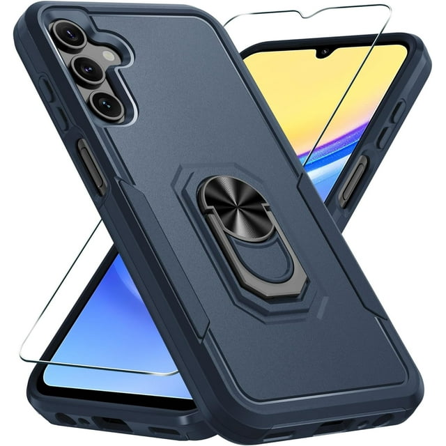 KOMI Compatible with Samsung Galaxy A15 5G Case with Screen Protector+Camera Lens Protector,Heavy Duty Full Body Phone Cover Built in Metal Ring Holder Kickstand,2024 Navy Blue