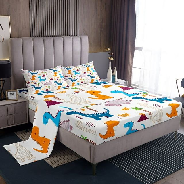 Erosebridal Cute Dinosaur Sheet Set Full, Cartoon Bedding Sets Full Size, Coconut Tree Decor, 4pcs
