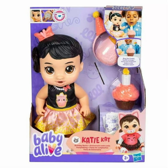 Baby Alive Birthday Bestie Katie Kat Doll by Hasbro – Interactive Drink-and-Wet Baby Doll with Cupcake Toy, Party Hat & Dress for Kids Ages 3 