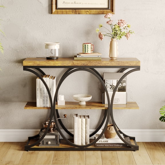 PYY 3-Tier Farmhouse Narrow Console Table – Entryway Sofa Table with Storage Shelves, Metal Geometric Legs – Vintage Brown Accent Furniture for Living Room, Hallway, Foyer, Home Office