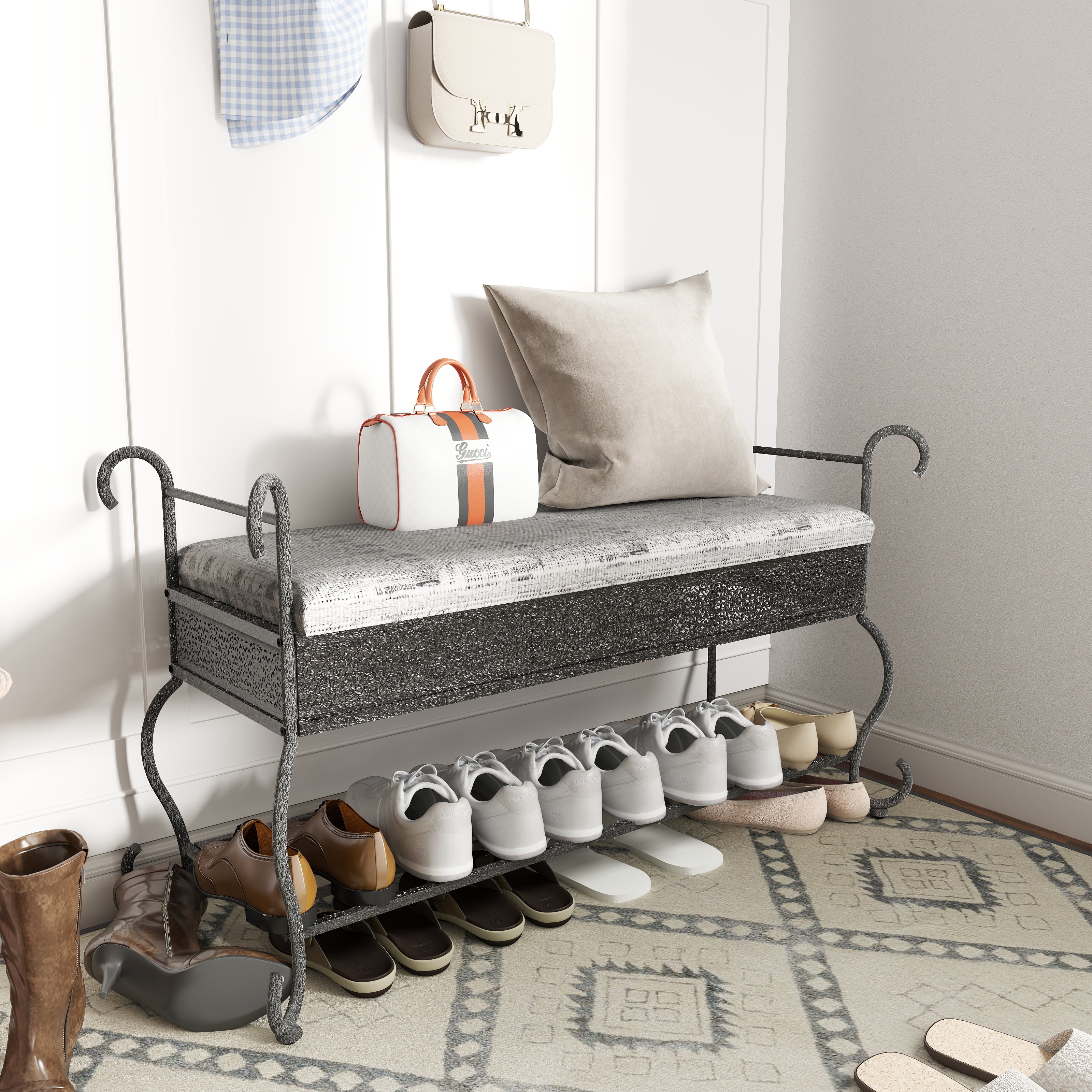 Mintazer 46" Rustic Shoe Bench with Cushioned Seat & Storage, Shoe Rack for Hallway & Entryway