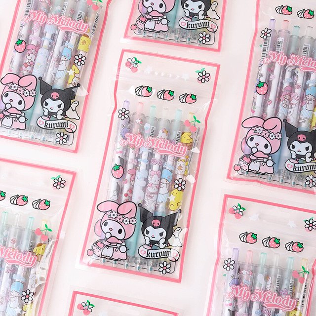 HelloKitty-Juego de bolígrafos de Gel Sanrio para estudiantes, bolígrafo de prensa de Anime Kawaii, Kuromi Cinnamoroll, recarga negra de 0,5mm, papelería escolar